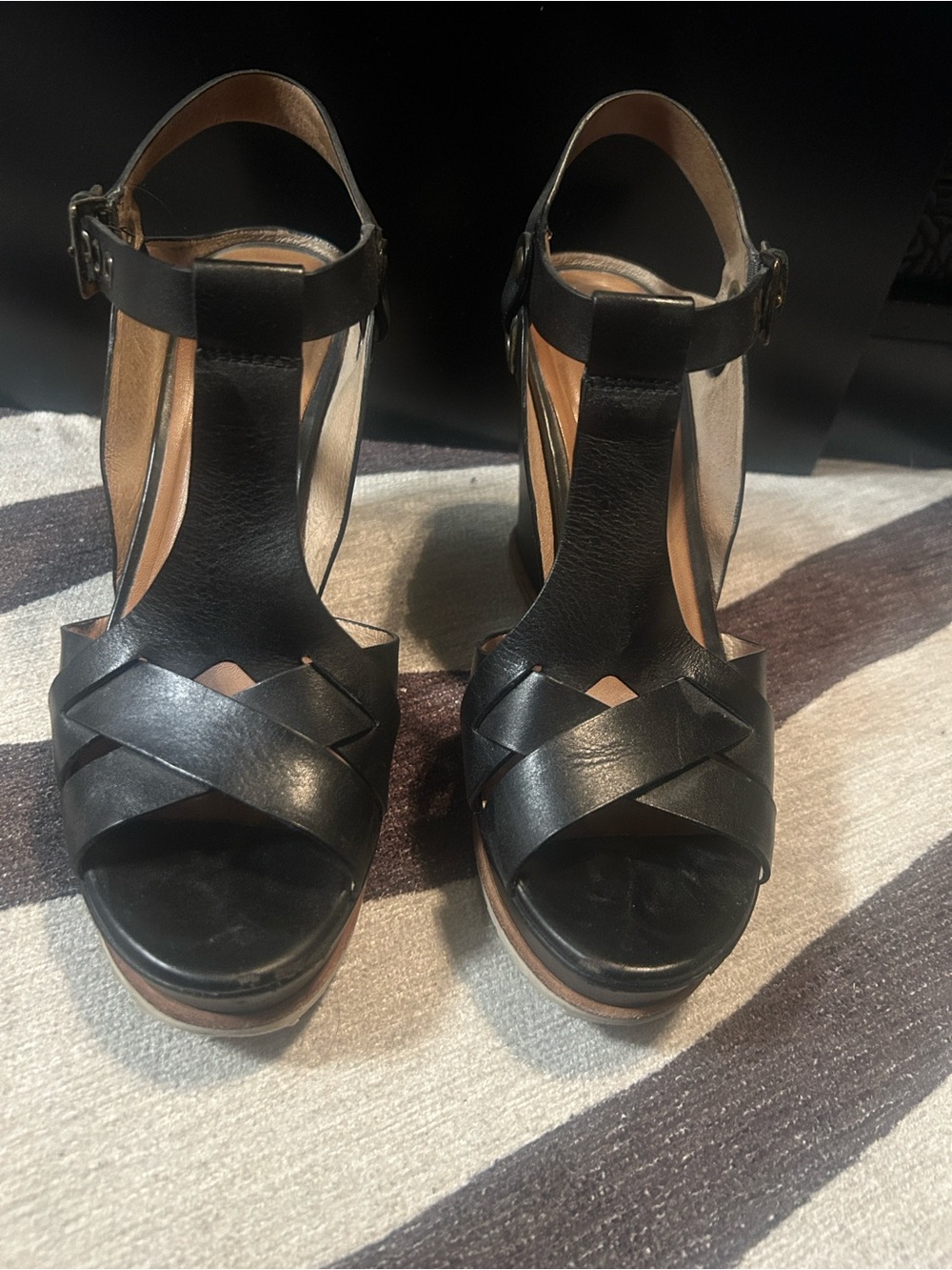 Biala Black Leather T-Strap Wedge Sandals